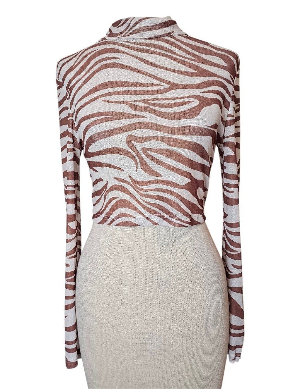 Zebra Print Mesh Crop Top Size S Long Sleeve Brown White Lagenlook Edgy Fitted